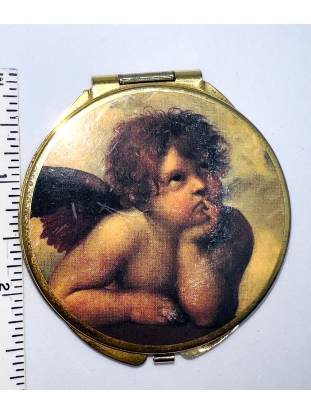 Vintage Gold-Tone Compact Mirror With Cherub Design On Cover And Dual Mirrors In